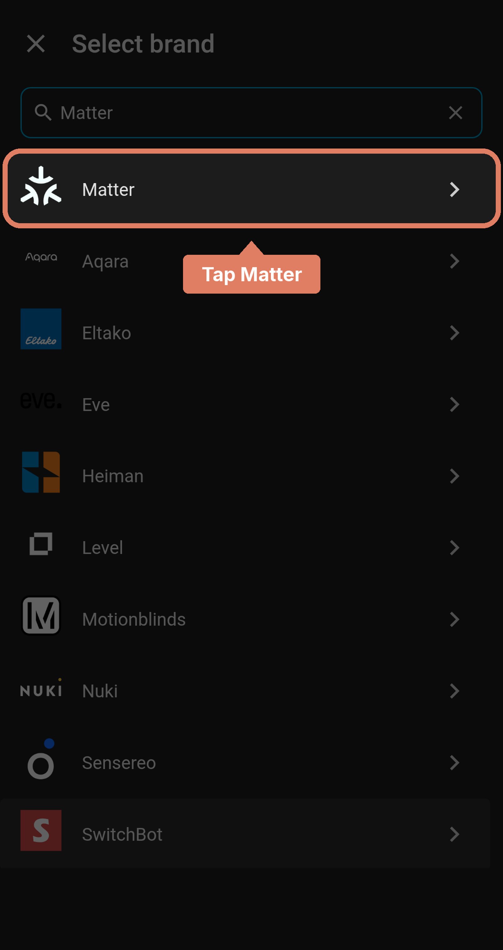 Home Assistant's Select brand dialog with Matter searched, and the Matter result marked