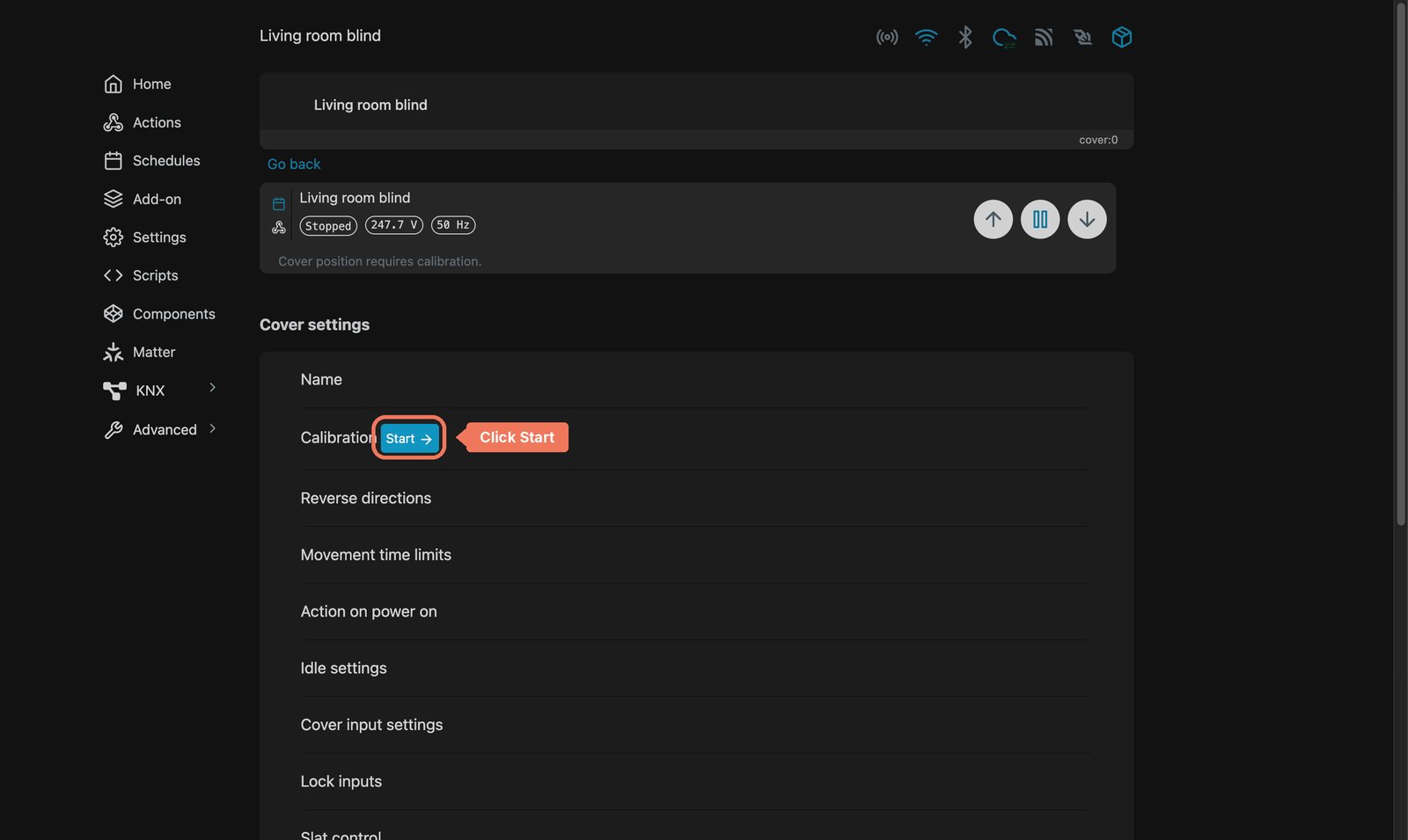 Shelly local web interface cover settings for Living room blind, with the Calibration Start button marked.