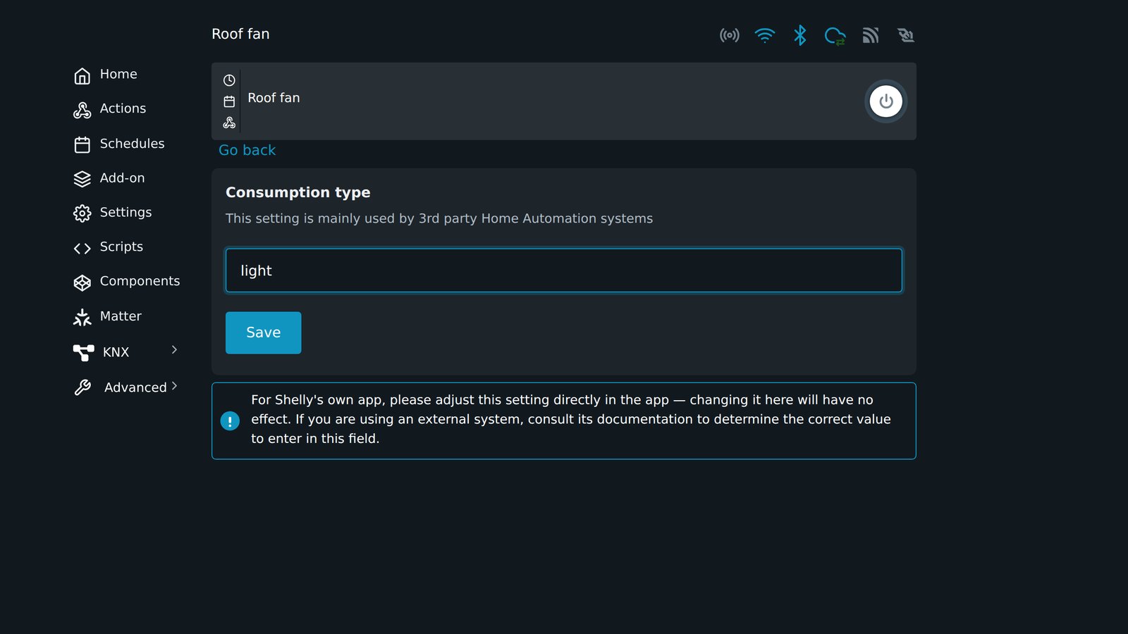 Shelly Gen4 web page Consumption type setting for an output, with light typed in the field above the Save button