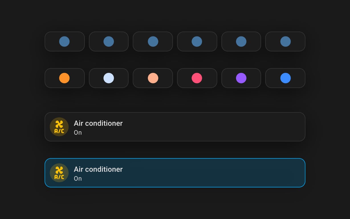 card-mod for Home Assistant: stock cards above, the same cards styled with card-mod below