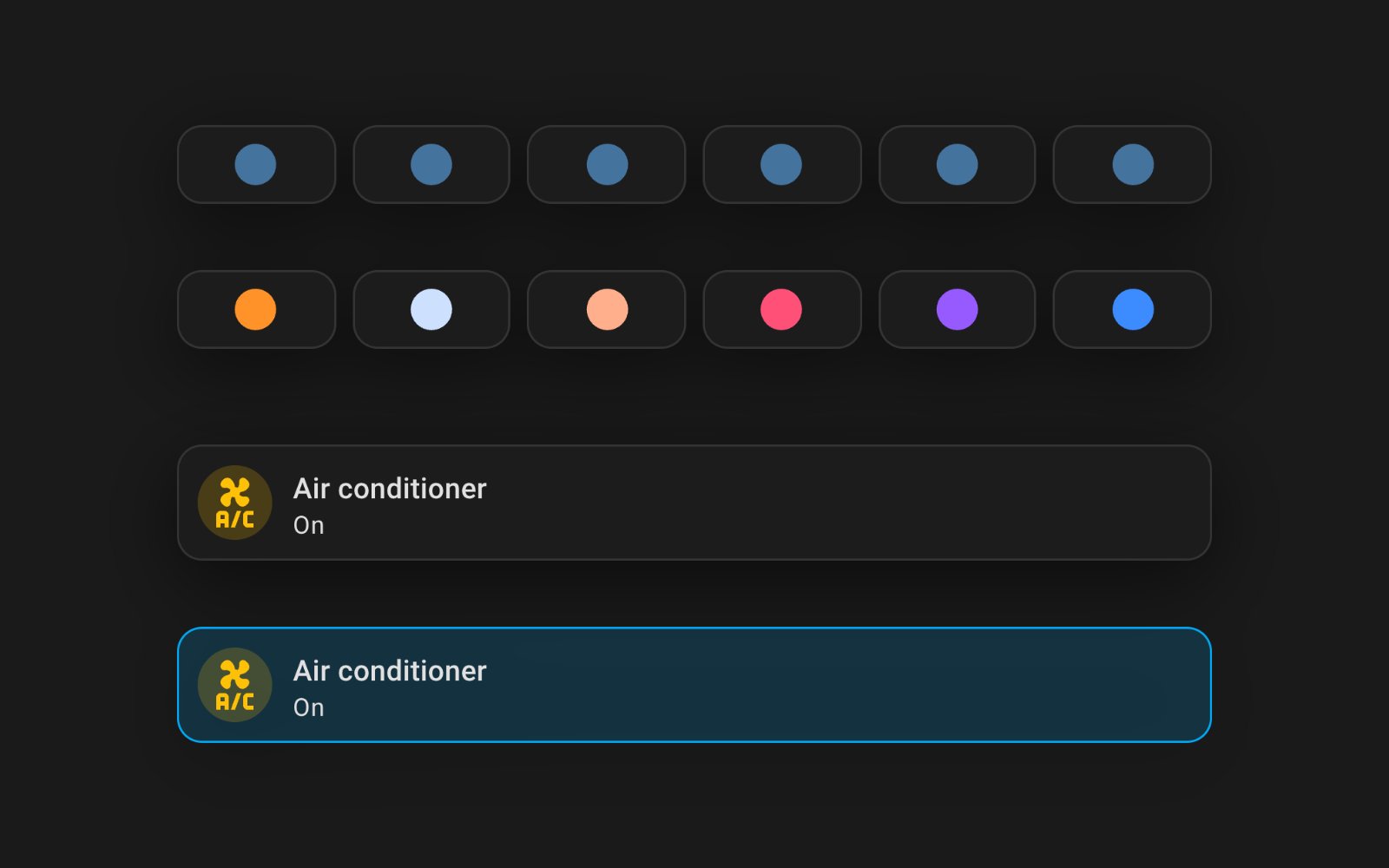 card-mod for Home Assistant: stock cards above, the same cards styled with card-mod below