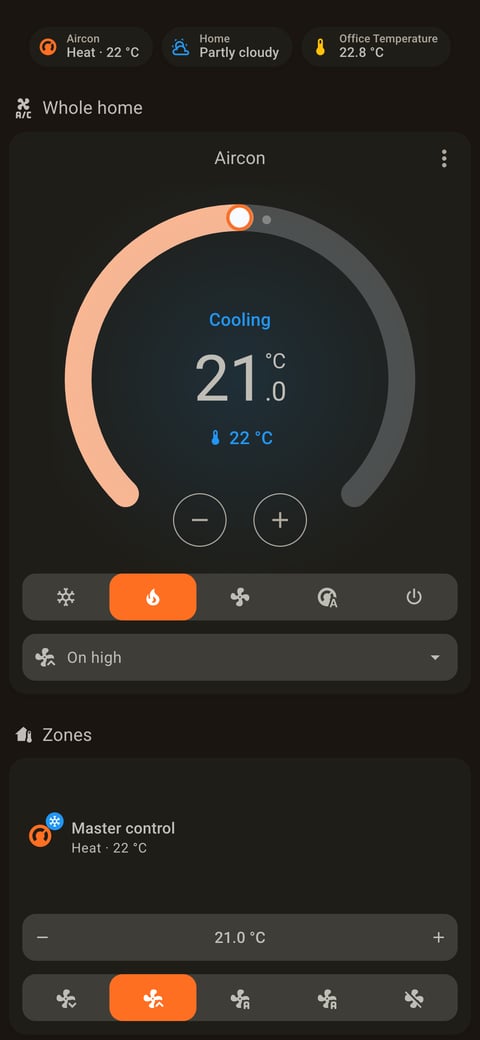 Home Assistant aircon lab dashboard running the Warm Burnout theme (Dark), on a phone