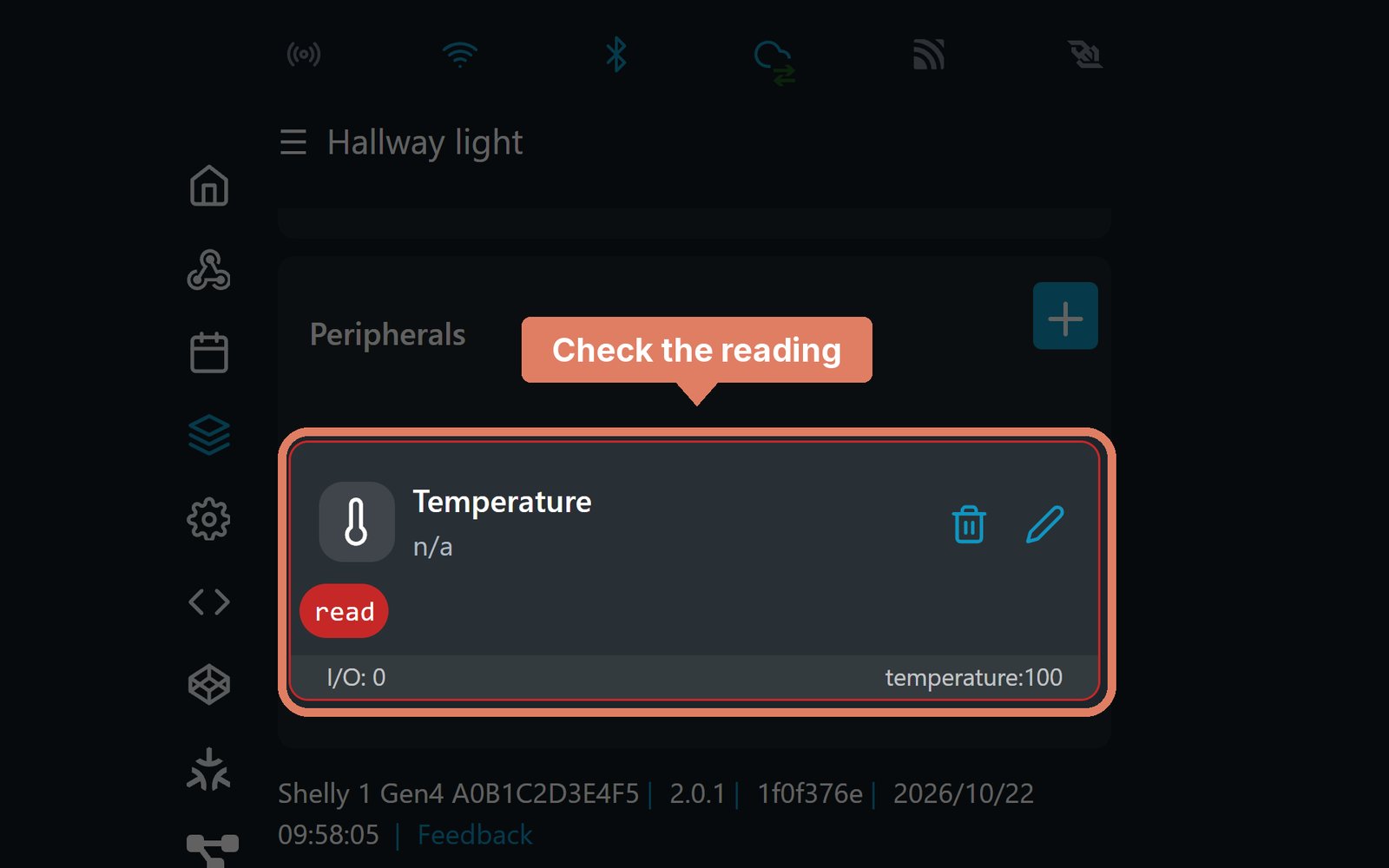 The Shelly web page's Add-on page, with a probe showing n/a and a read error marked