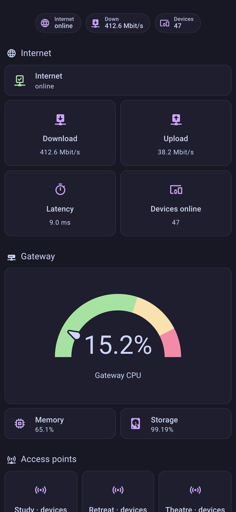 Home Assistant network lab dashboard running the Catppuccin theme (Mocha), on a phone