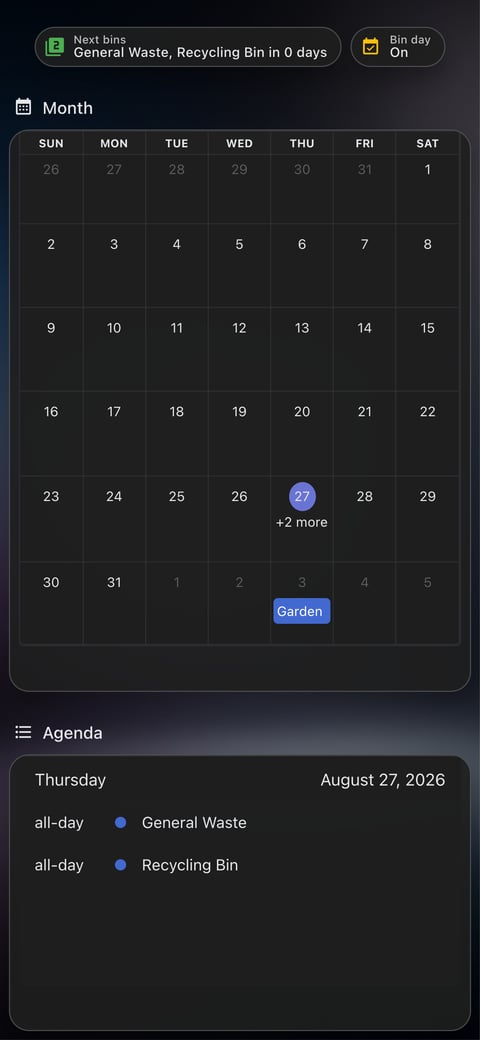 Home Assistant calendar lab dashboard running the Frosted Glass theme (Lite dark), on a phone