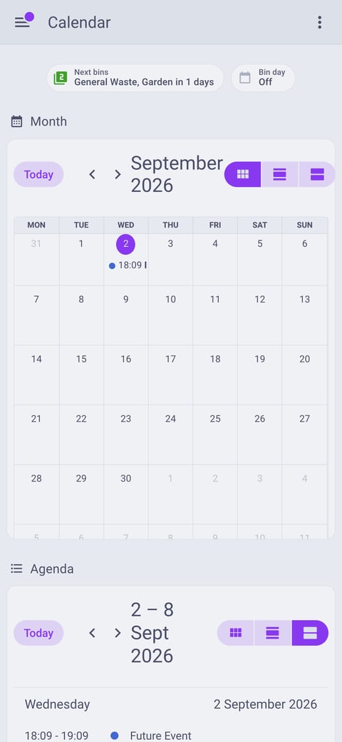 Home Assistant calendar lab dashboard running the Catppuccin theme (Latte), on a phone