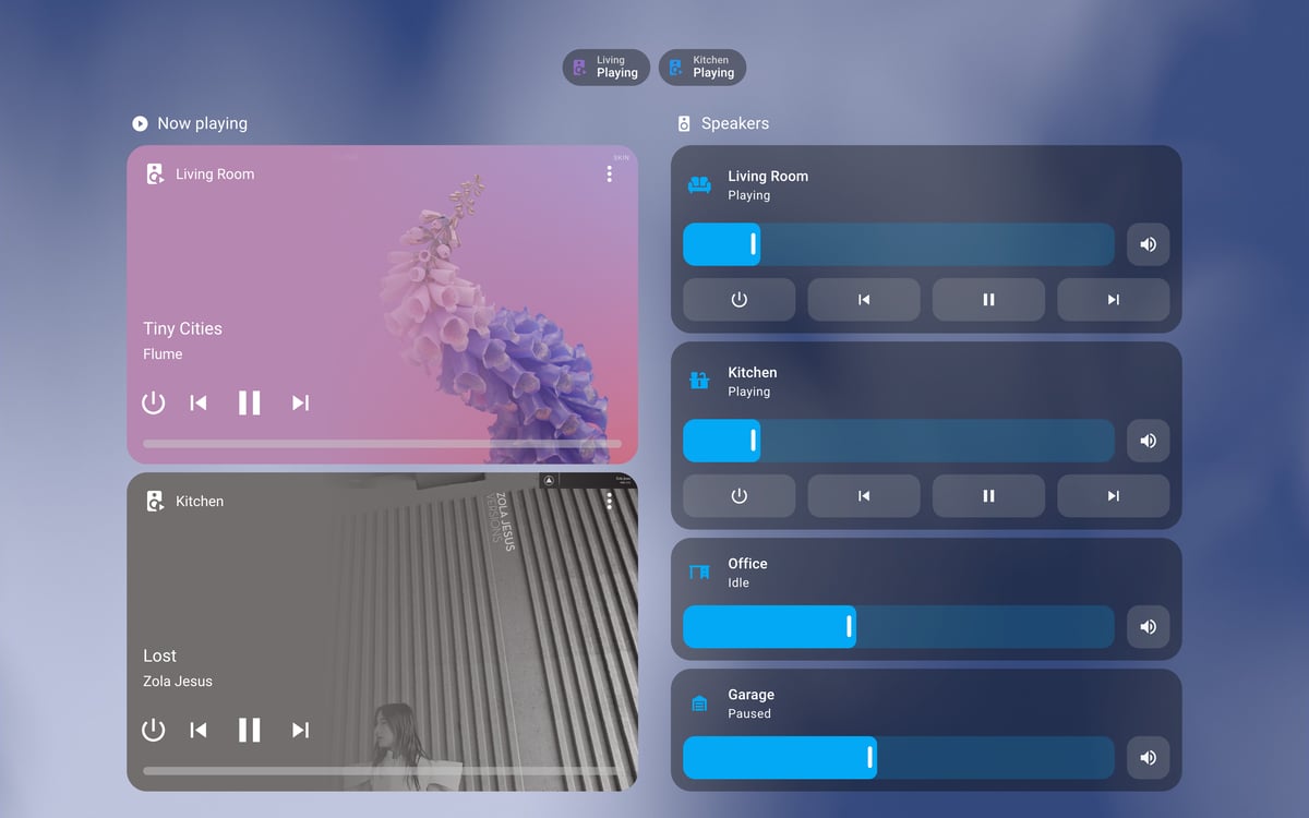 Home Assistant media lab dashboard running the iOS Themes theme (Dark), on desktop