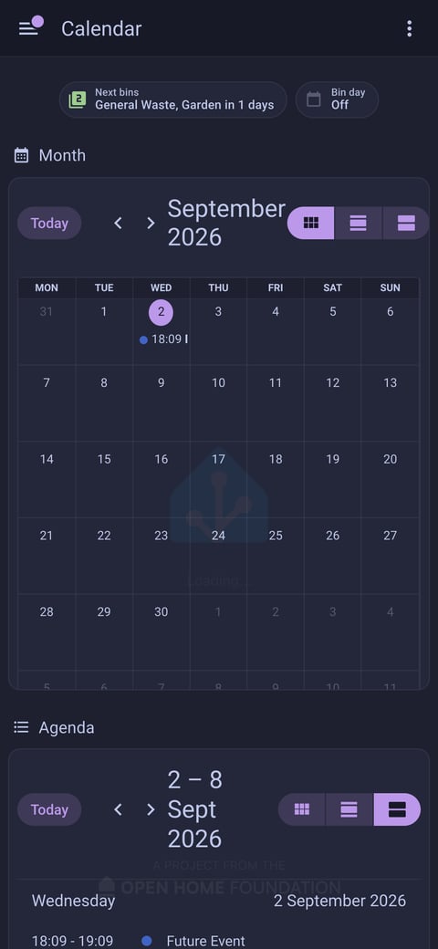 Home Assistant calendar lab dashboard running the Catppuccin theme (Macchiato), on a phone