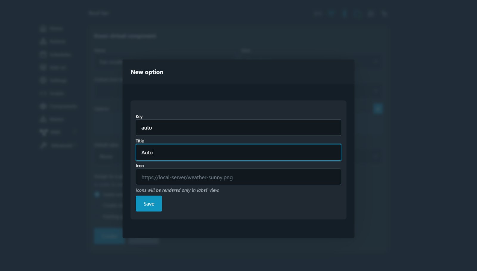 Shelly web interface New option dialog for an Enum virtual component, with the key auto and the title Auto