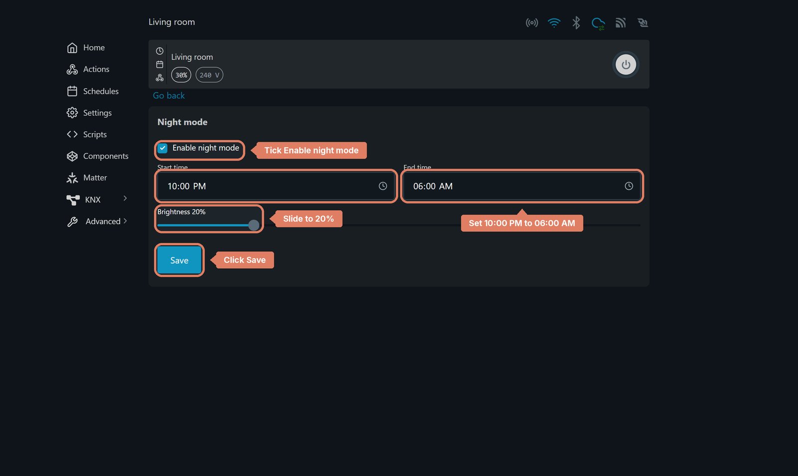 Shelly local web interface night mode for Living room: Enable night mode ticked, 10:00 PM to 06:00 AM, brightness 20%, and Save marked.