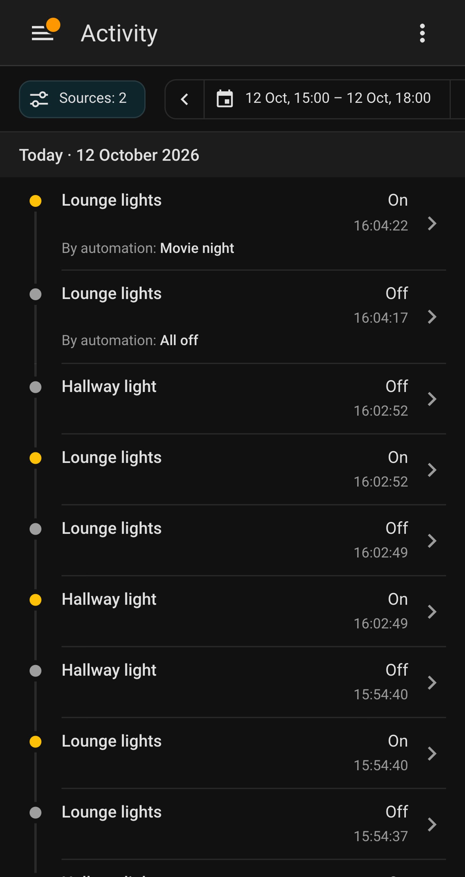 Home Assistant Activity listing Lounge lights and Hallway light switching on and off, with entries by the automations Movie night and All off.