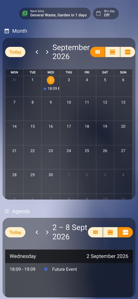 Home Assistant calendar lab dashboard running the iOS Themes theme (Dark), on a phone