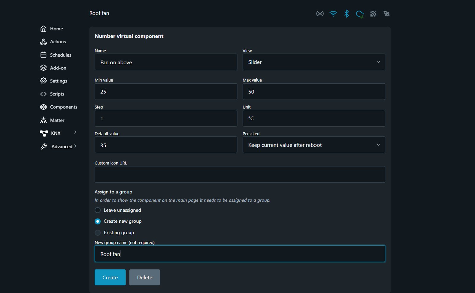 Shelly web interface Number virtual component form filled in as Fan on above: slider view, 25 to 50, step 1, unit °C, default 35, Persisted set to Keep current value after reboot, assigned to a new group called Roof fan