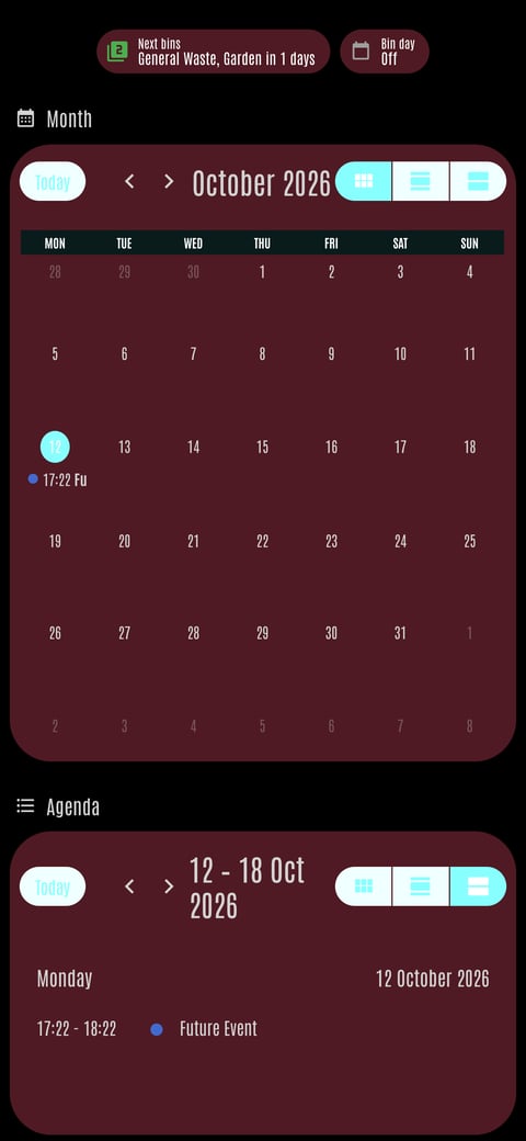 Home Assistant calendar lab dashboard running the LCARS theme (Cardassia), on a phone