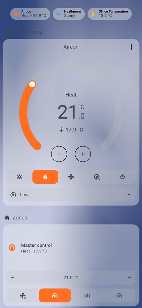 Home Assistant aircon lab dashboard running the iOS Themes theme (Light), on a phone