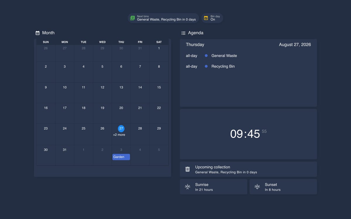 Home Assistant calendar lab dashboard running the Noctis theme (Dark), on desktop