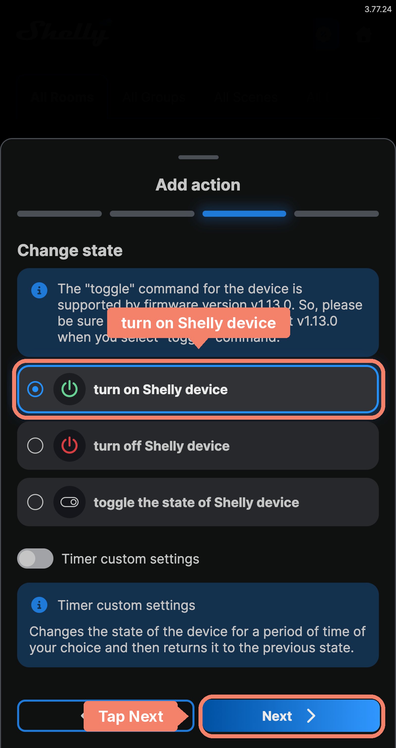Shelly app Add action Change state step with turn on Shelly device labelled, and Next marked.