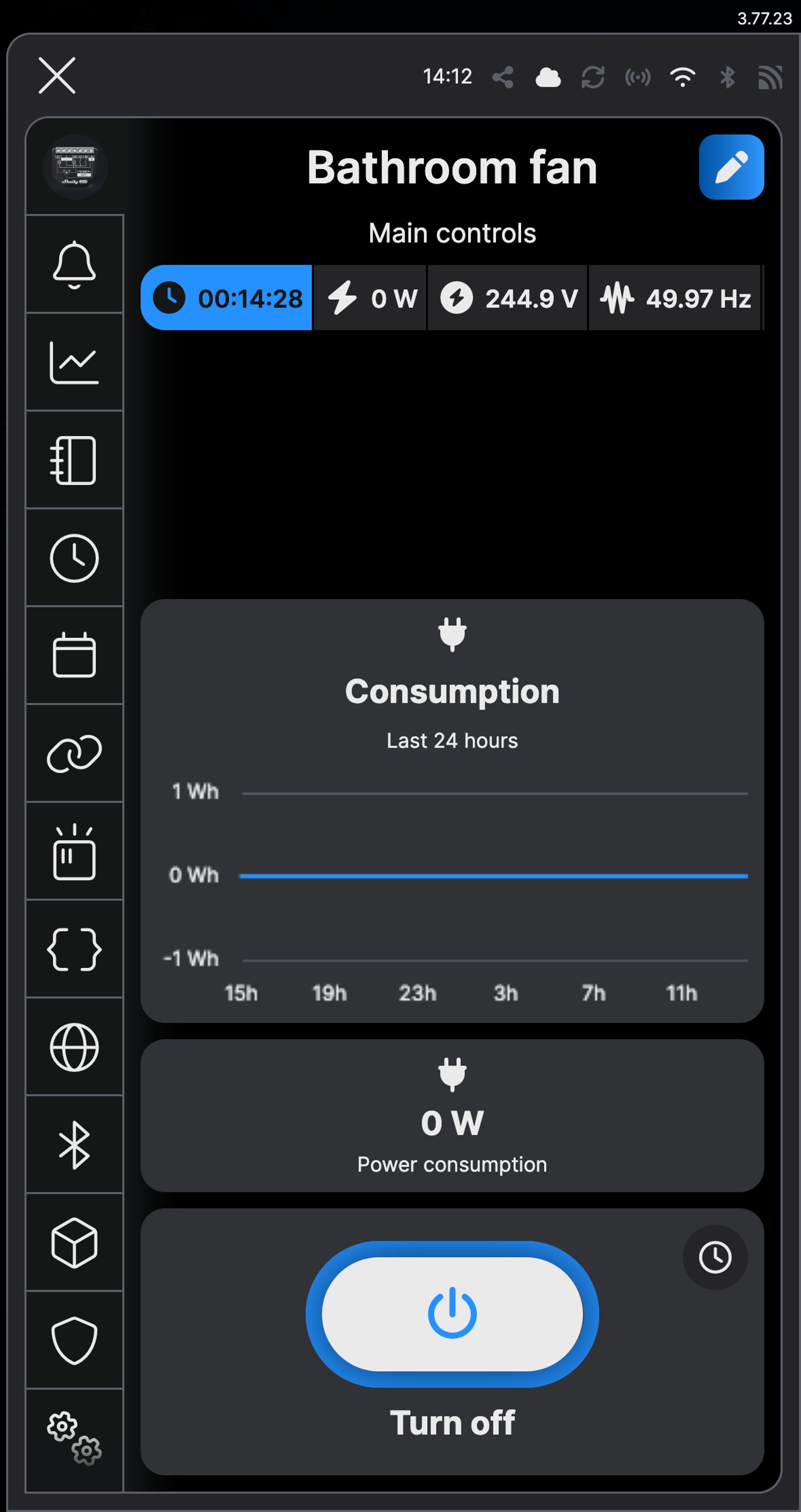 Shelly app main controls for a device named Bathroom fan, running with a 14-minute countdown and a Turn off button.