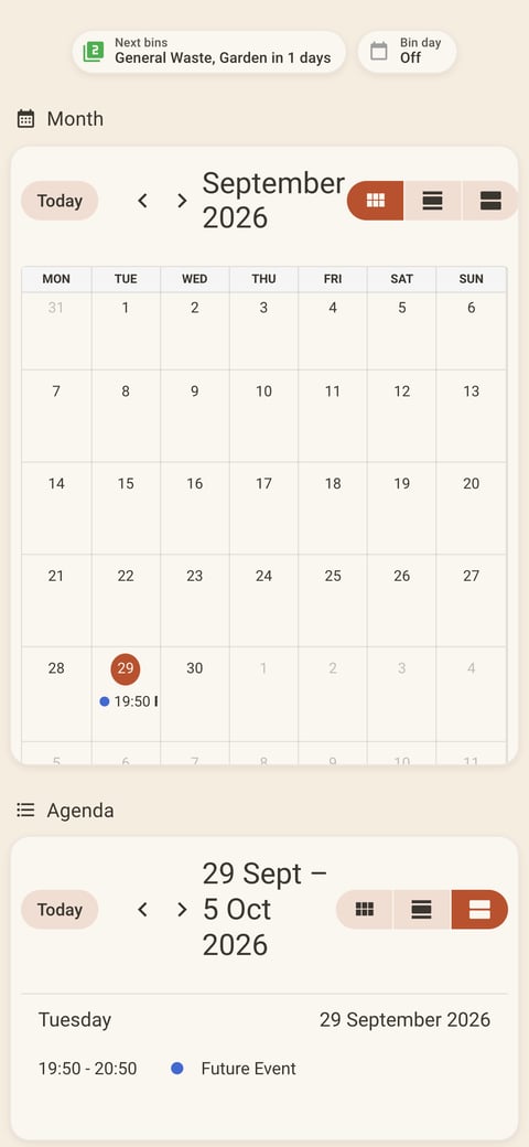 Home Assistant calendar lab dashboard running the Warm Burnout theme (Light), on a phone