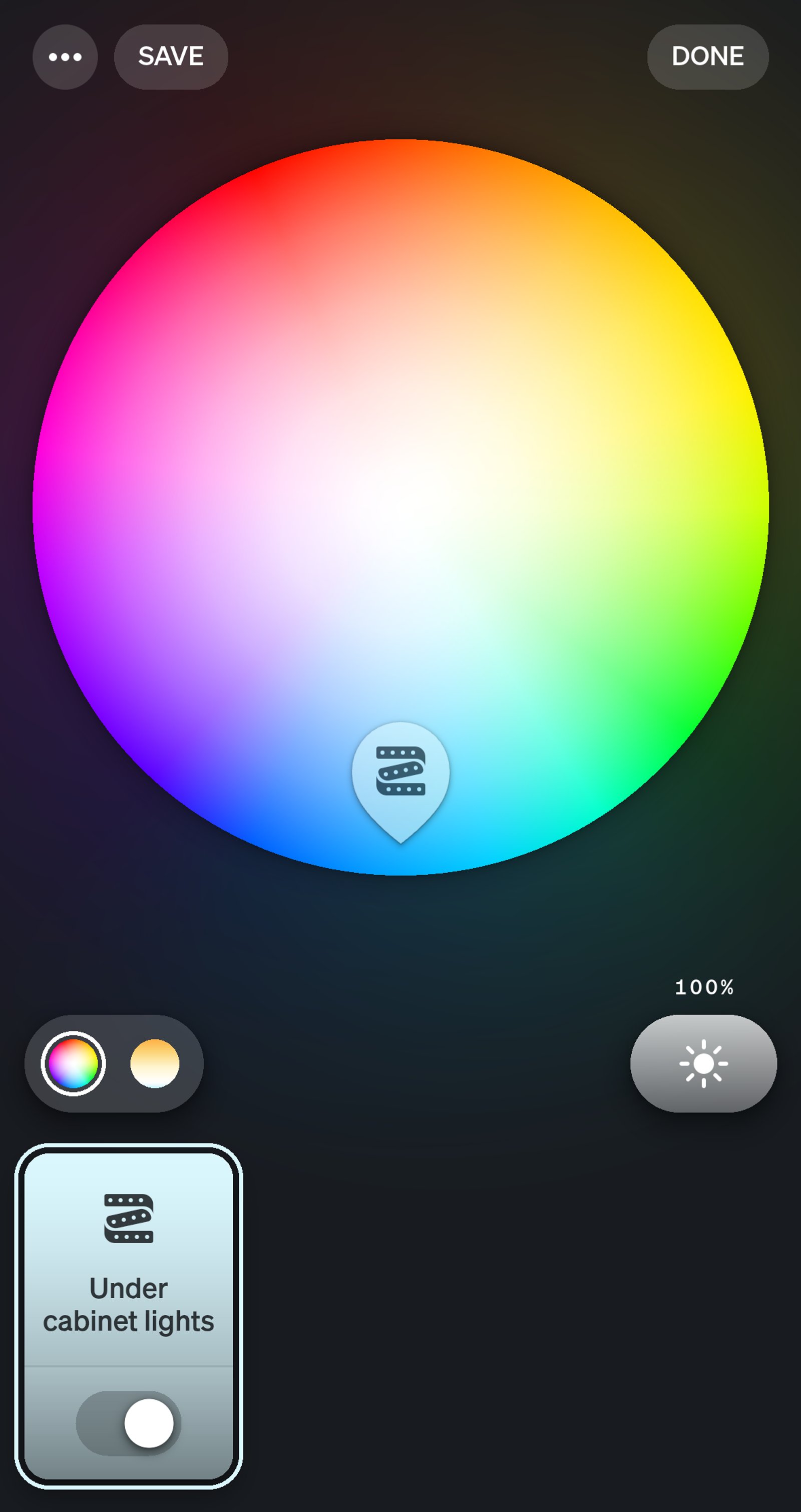 Philips Hue app colour wheel for Under cabinet lights.