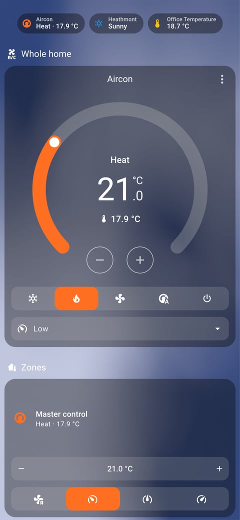 Home Assistant aircon lab dashboard running the iOS Themes theme (Dark), on a phone