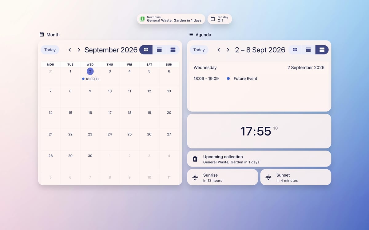Home Assistant calendar lab dashboard running the Frosted Glass theme (Light), on desktop