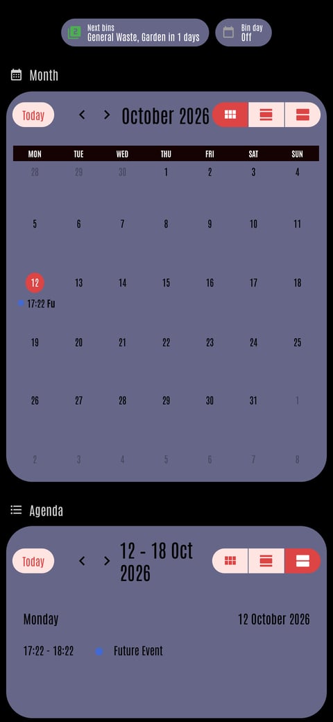 Home Assistant calendar lab dashboard running the LCARS theme (Default), on a phone