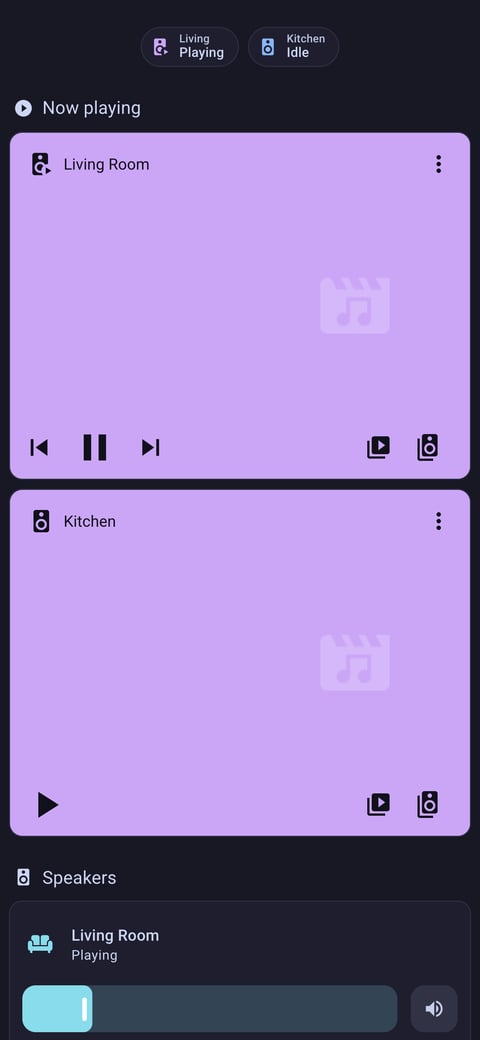 Home Assistant media lab dashboard running the Catppuccin theme (Mocha), on a phone