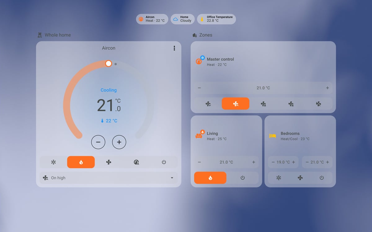 Home Assistant aircon lab dashboard running the iOS Themes theme (Light), on desktop