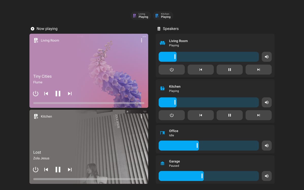 Home Assistant media lab dashboard running the Slate theme (Dark), on desktop