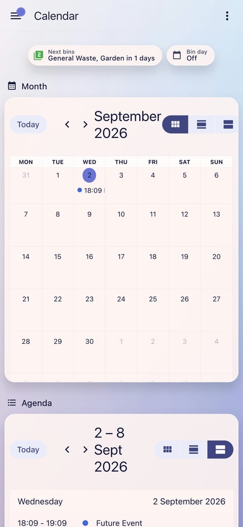 Home Assistant calendar lab dashboard running the Frosted Glass theme (Lite light), on a phone