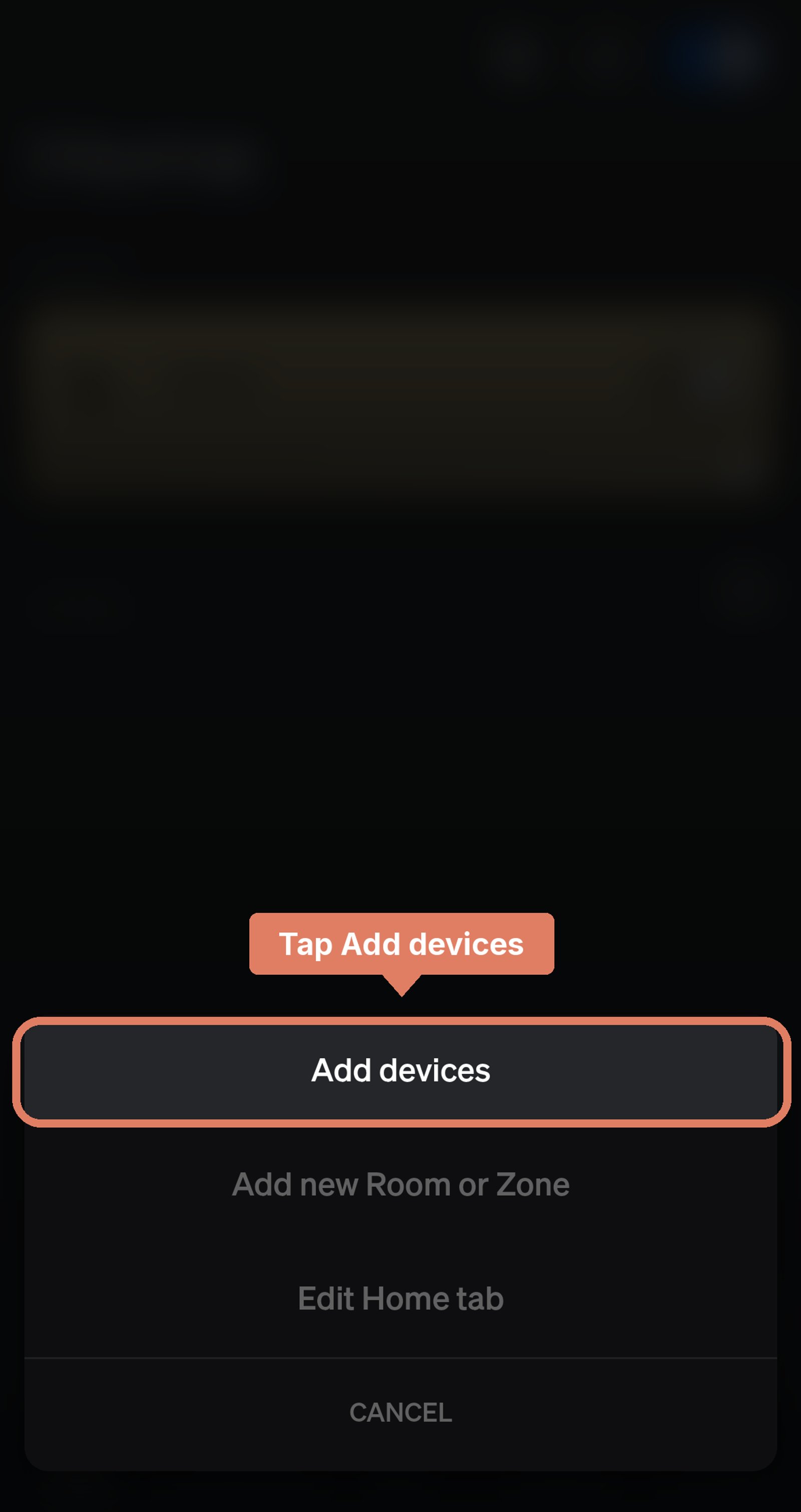 Philips Hue app Home tab with the menu open, dimmed except Add devices, with a Tap Add devices label.