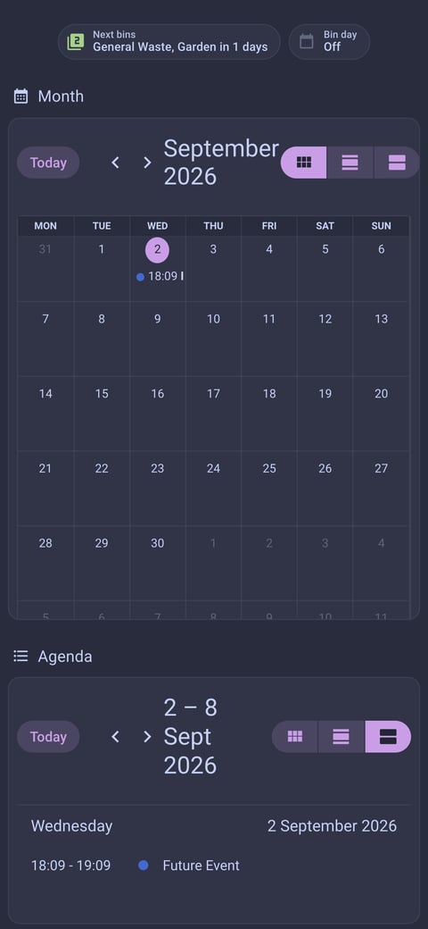 Home Assistant calendar lab dashboard running the Catppuccin theme (Frappe), on a phone