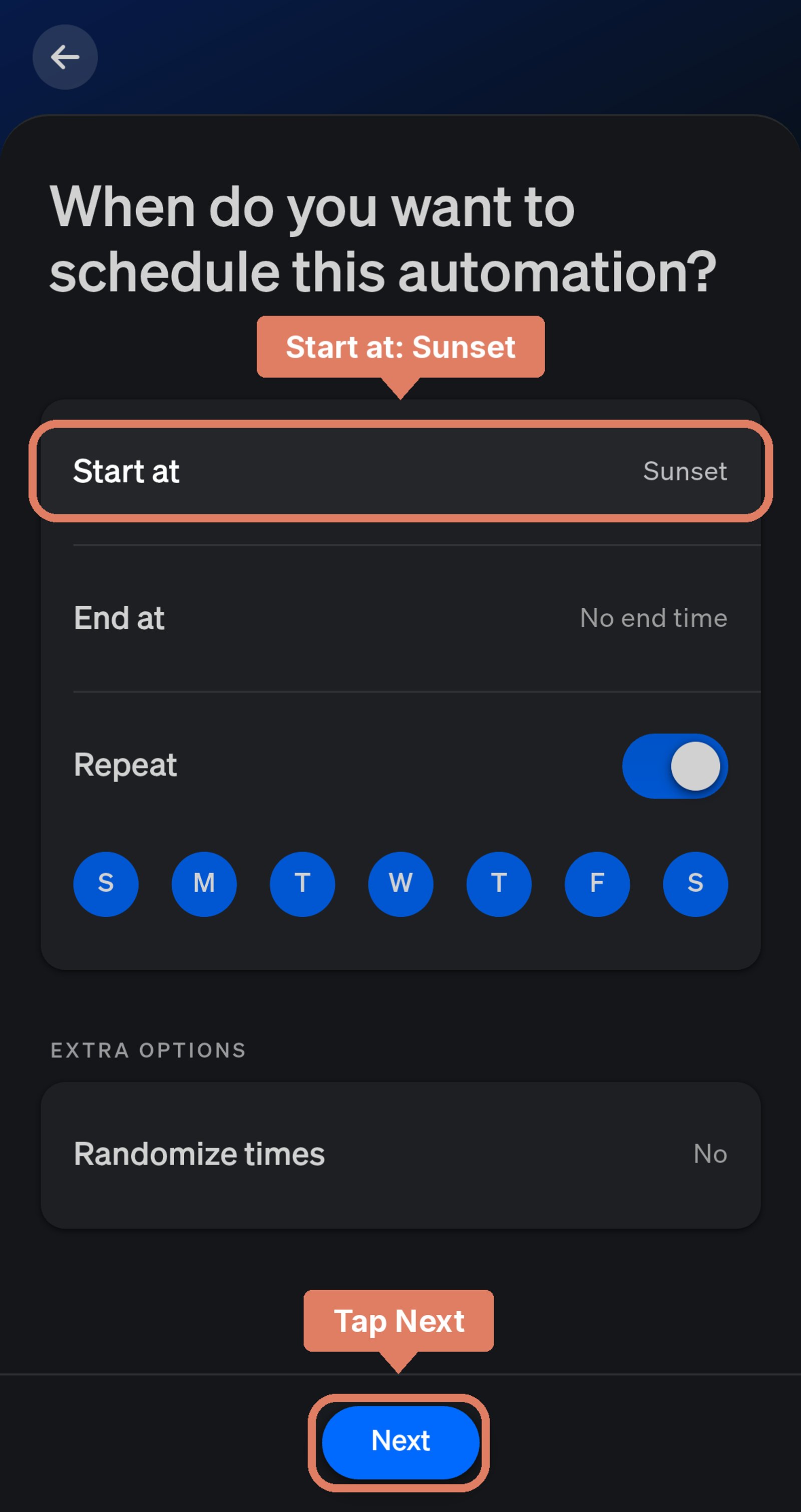 Philips Hue app Lighting schedule starting at sunset with no end time, every day, with Start at labelled and Next marked.