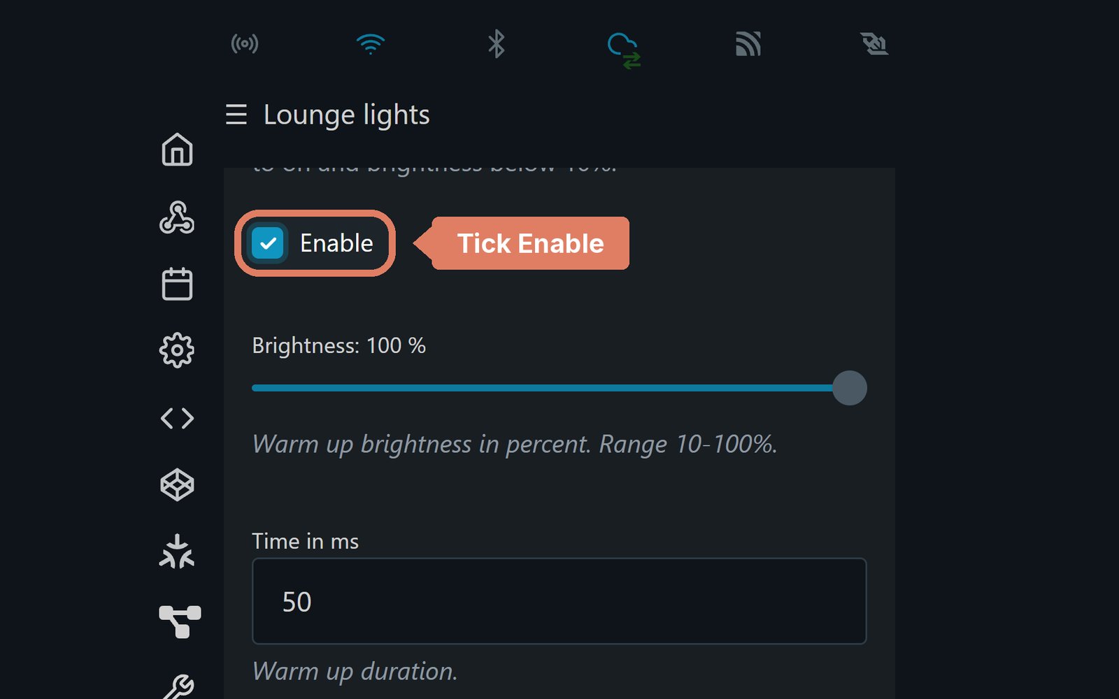 The Shelly Dimmer Gen4 web page's Warm up settings, with Enable ticked and marked
