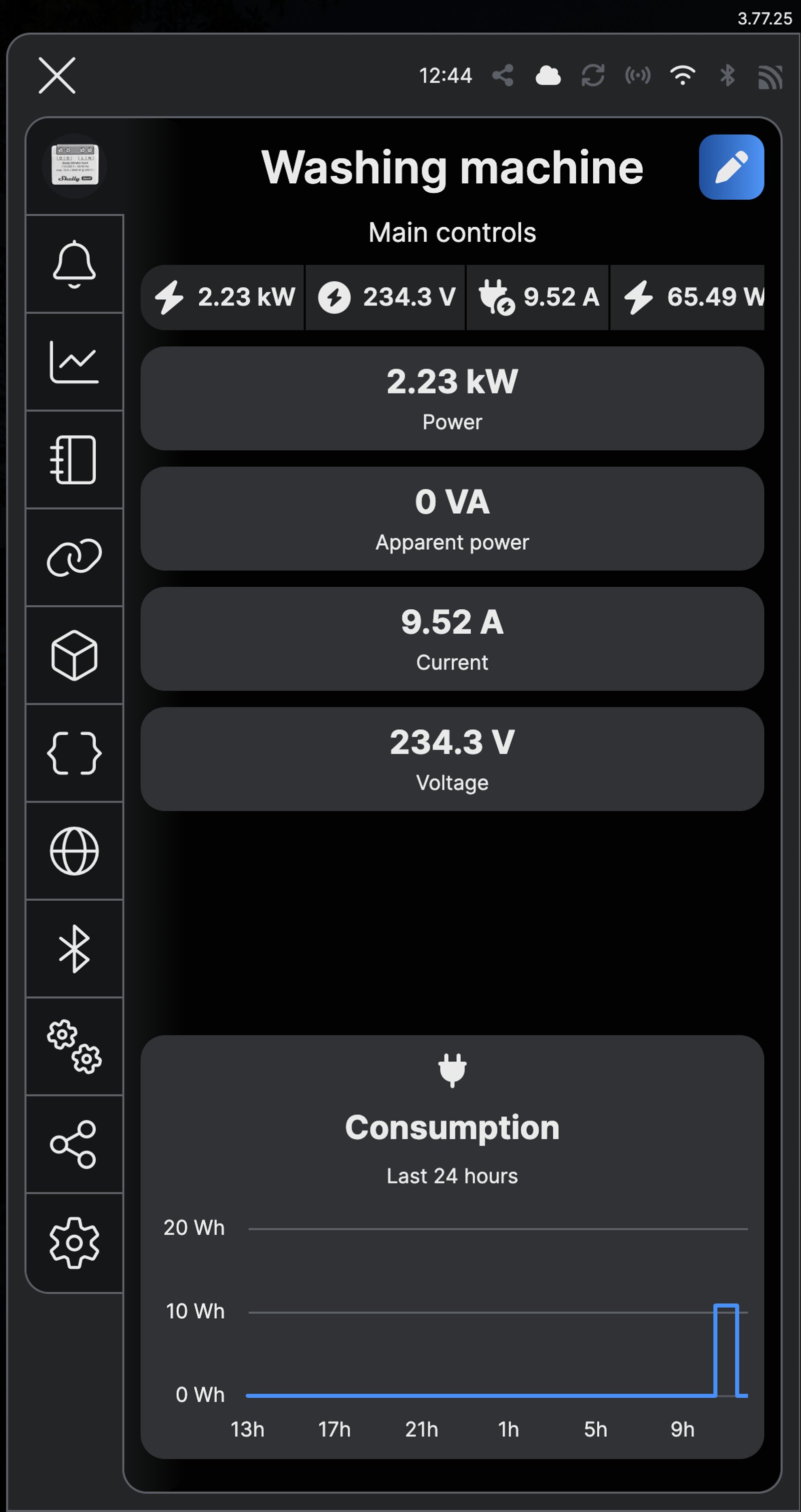 Shelly app main controls for a meter named Washing machine, reading 2.23 kW and 9.52 A while the load runs.