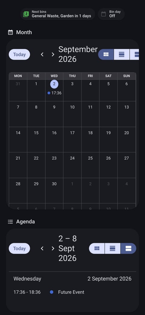 Home Assistant calendar lab dashboard running the Material You theme (Dark), on a phone