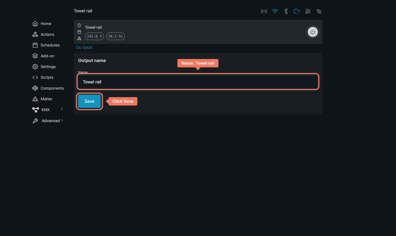 Shelly local web interface output settings for a Shelly 1PM Gen4, with the name Towel rail labelled and Save marked.