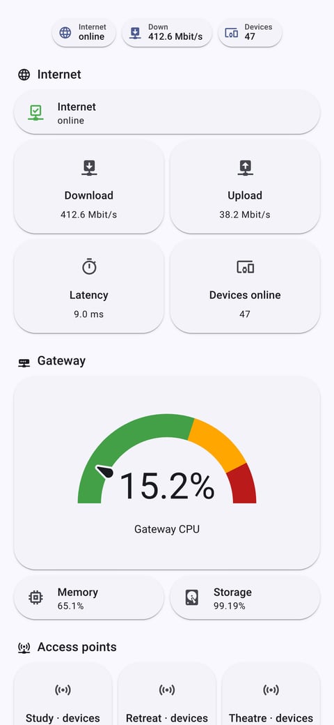 Home Assistant network lab dashboard running the Material You theme (Light), on a phone