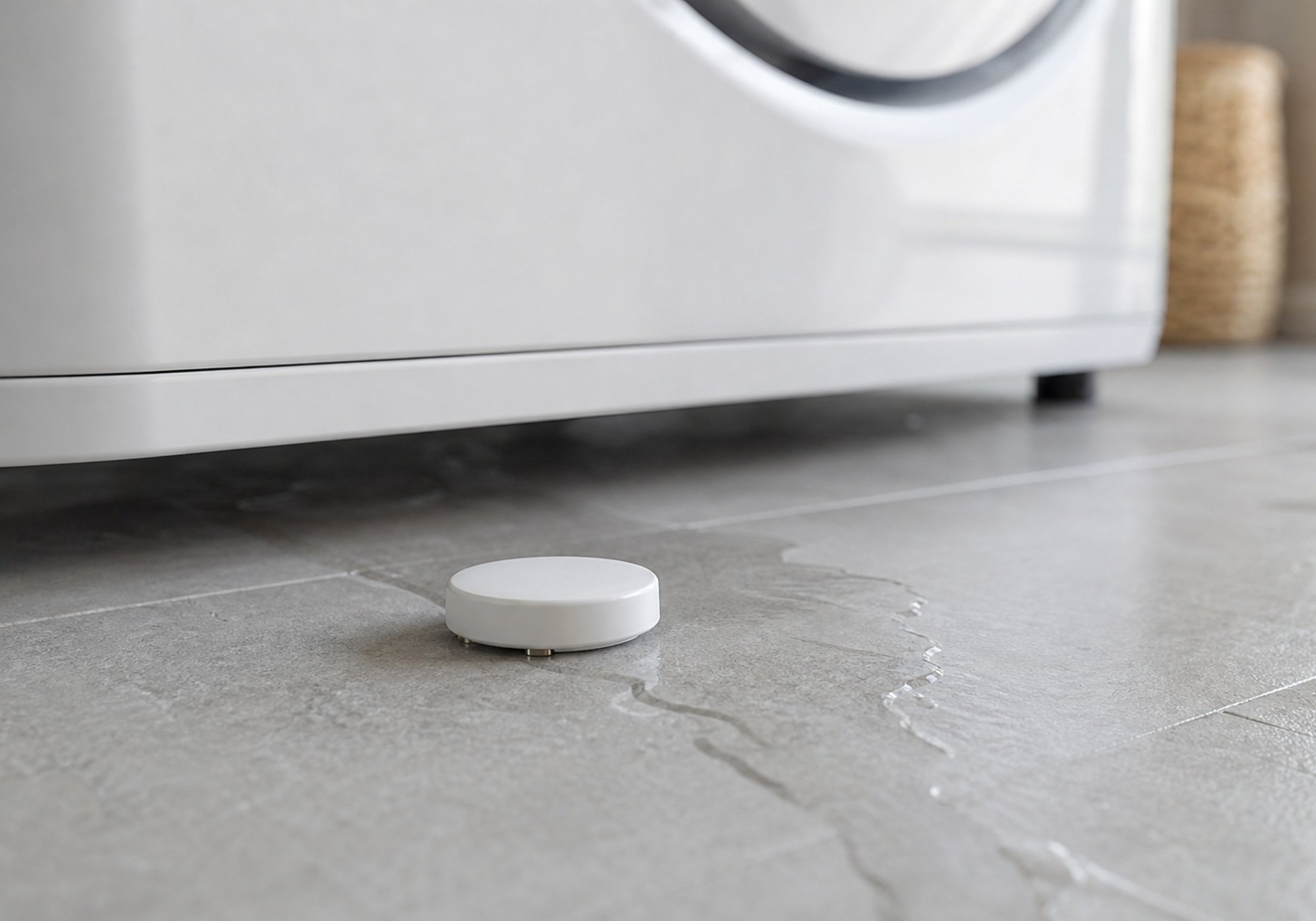 Shelly Flood S Gen4 on a tiled laundry floor beside a washing machine, next to a spreading water leak