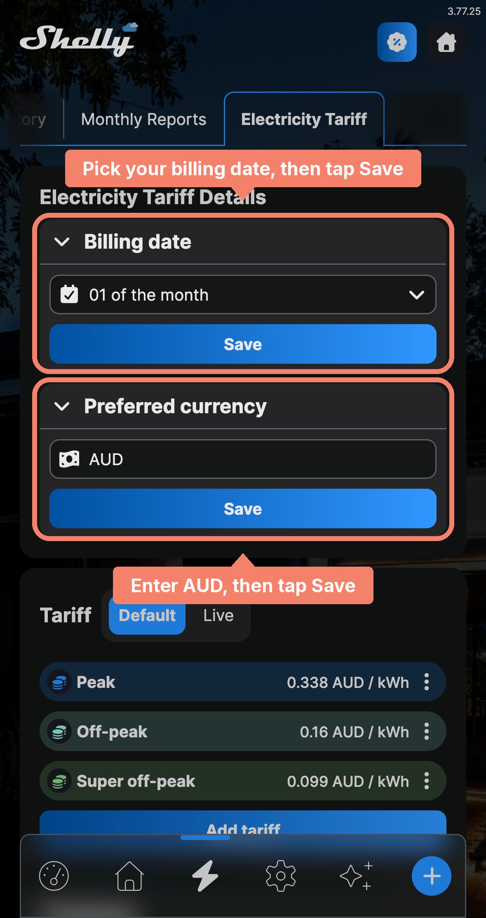 Shelly app Electricity Tariff Details with the Billing date set to the 1st of the month and Preferred currency set to AUD, each with its Save button marked.