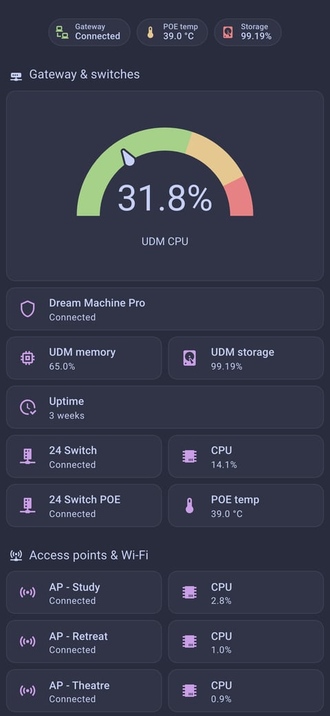 Home Assistant network lab dashboard running the Catppuccin theme (Frappe), on a phone