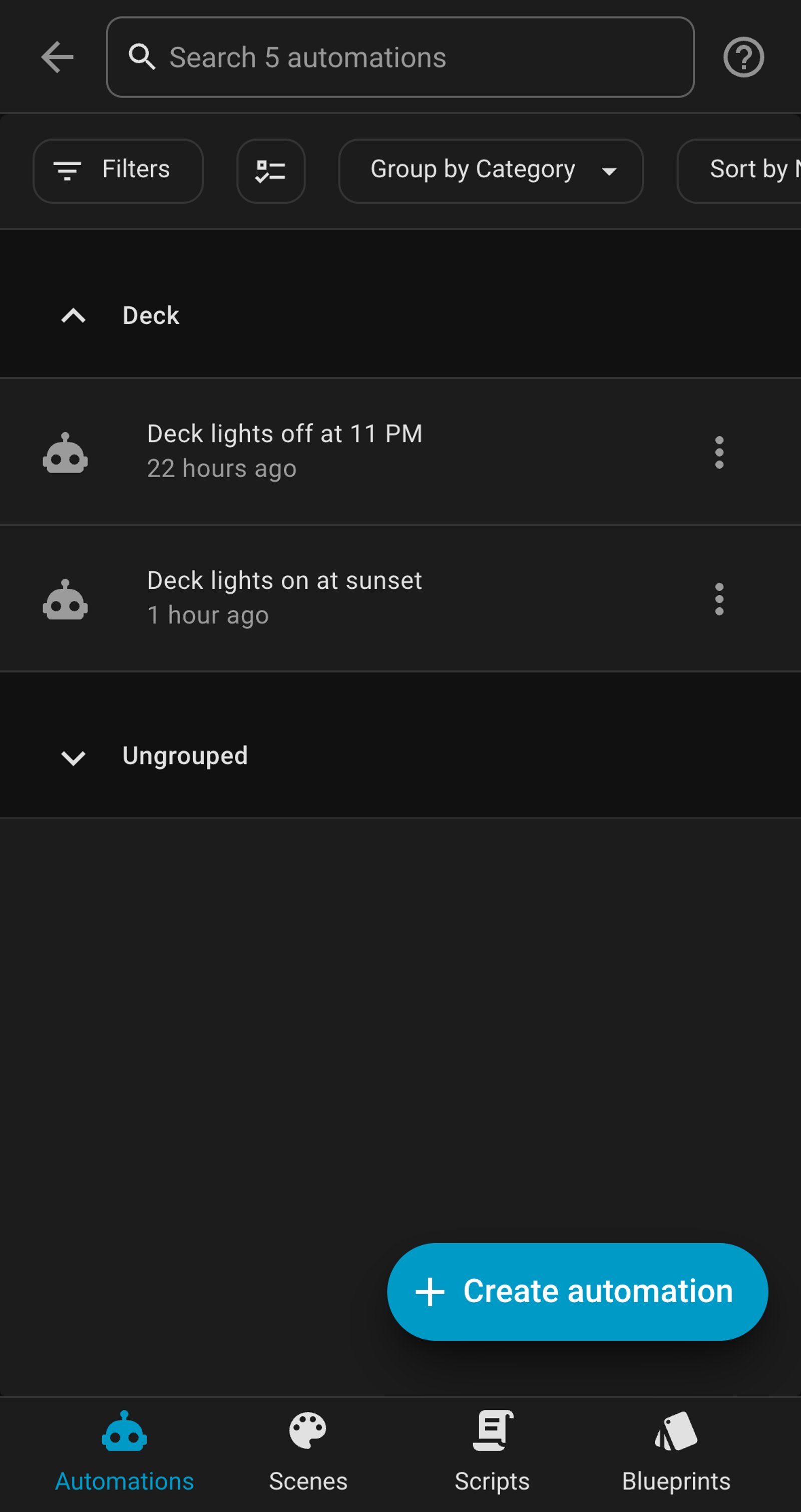 Home Assistant automations list showing Deck lights off at 11 PM and Deck lights on at sunset.