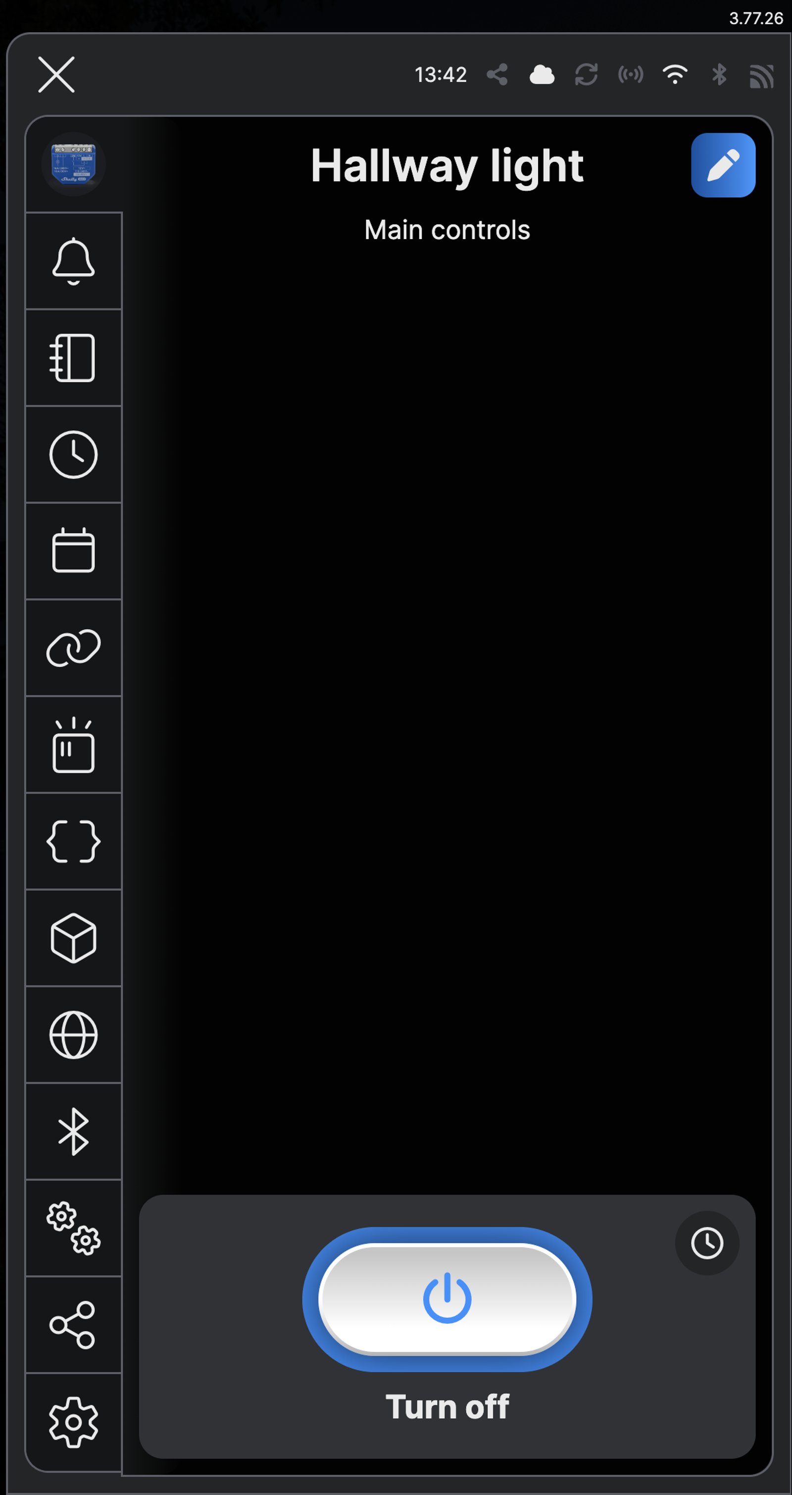 Shelly app main controls for a relay named Hallway light, switched on, with the Turn off button.