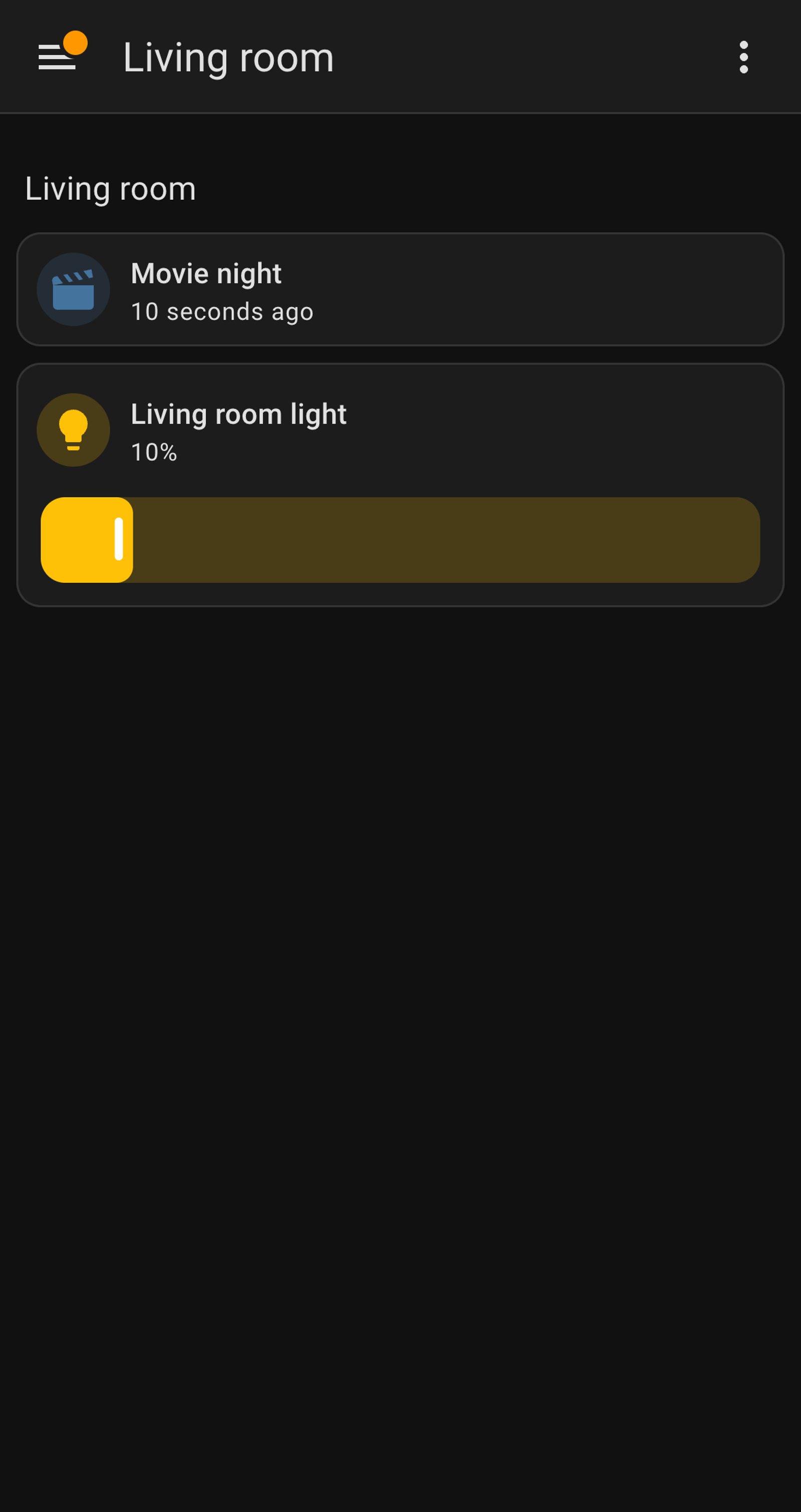 Home Assistant dashboard for the Living room with a Movie night scene tile and Living room light at 10%.