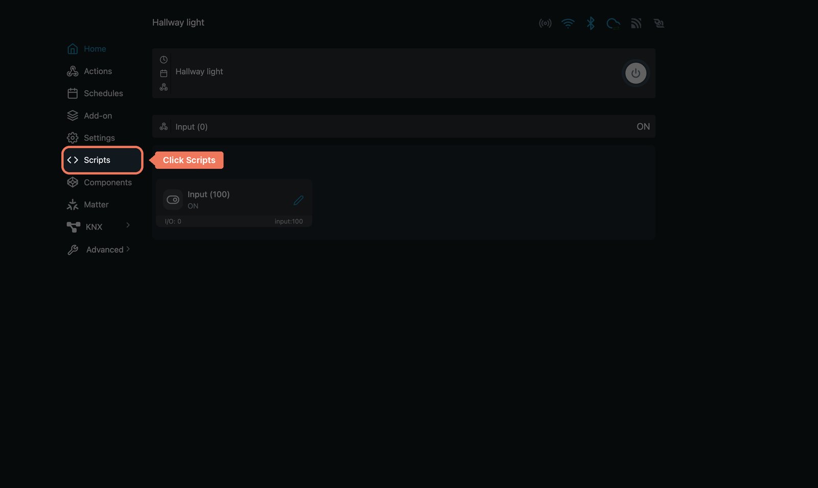 Shelly web interface home page for a Shelly 1 Gen4, with Scripts marked in the menu on the left