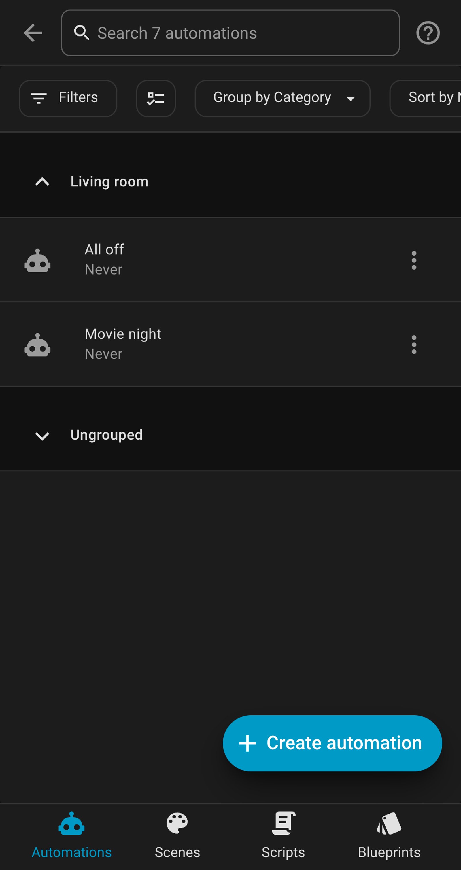 Home Assistant automations list showing All off and Movie night in a Living room group.
