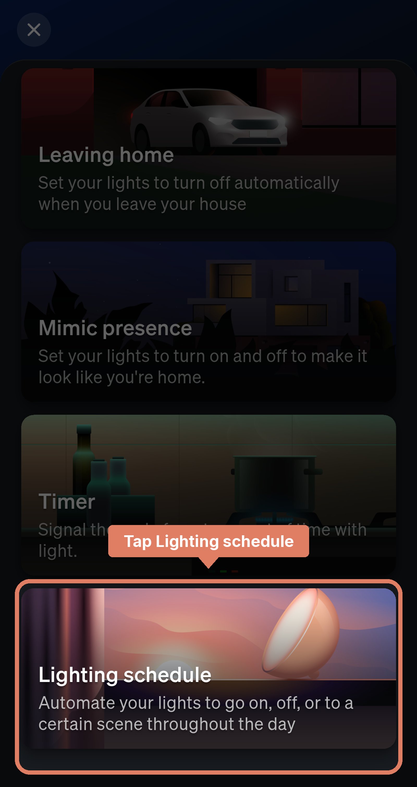 Philips Hue app list of automation types, dimmed except Lighting schedule, with a Tap Lighting schedule label.
