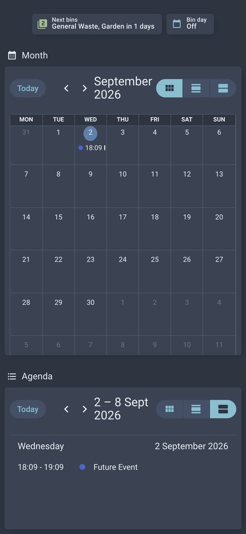 Home Assistant calendar lab dashboard running the Nordic theme (Blue dark), on a phone
