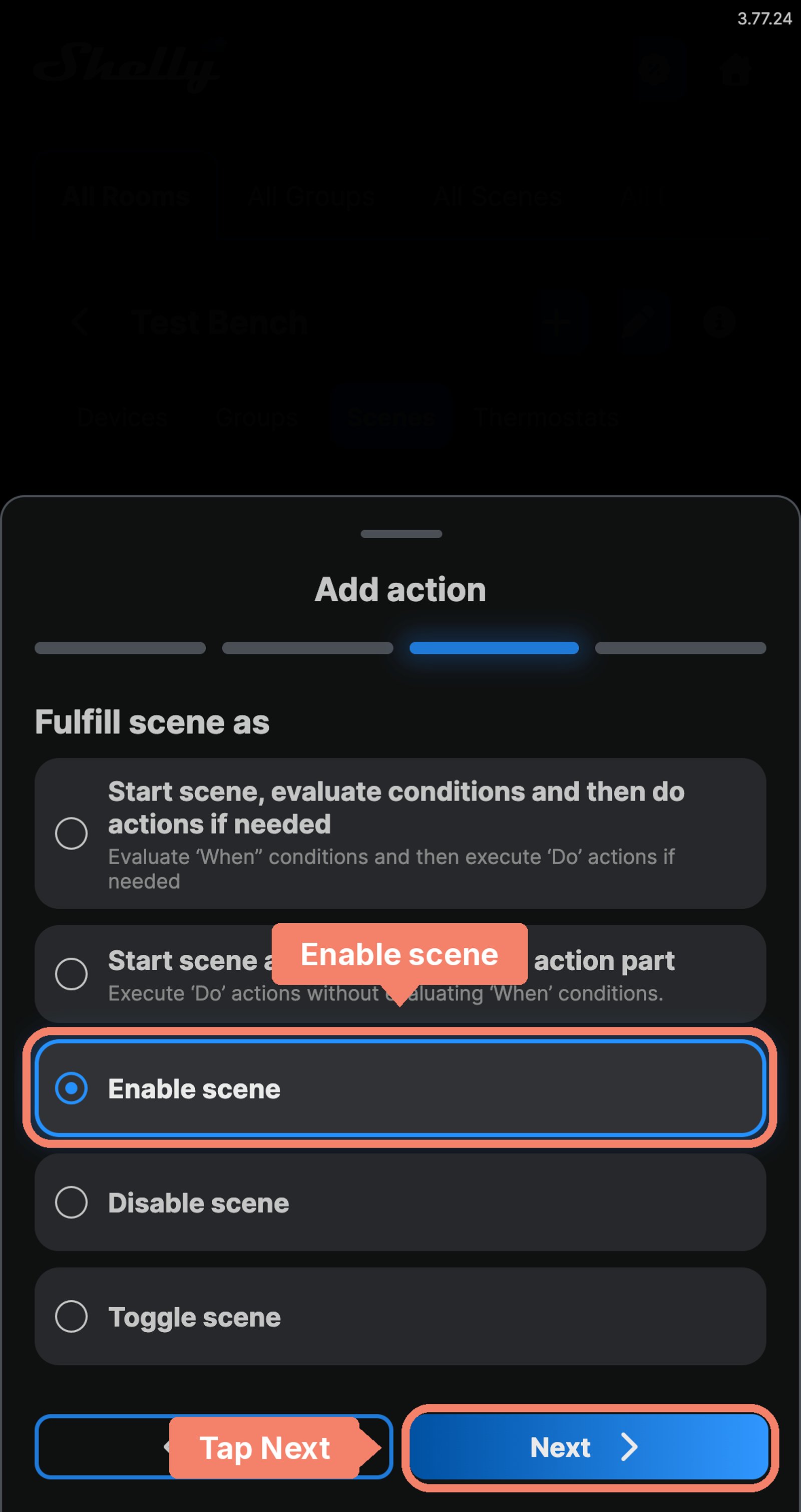 Shelly app scene action options with Enable scene labelled, and Next marked.